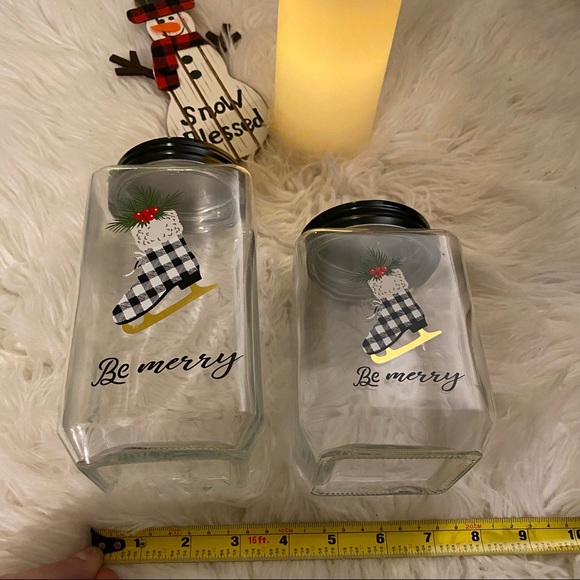 Christmas Black & White Buffalo Plaid Be Merry Ice Skate Set of (2) Canisters. - Picture 4 of 8